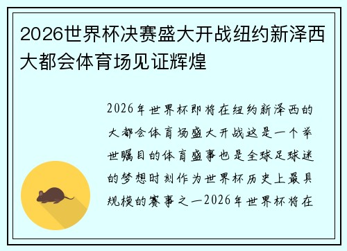 2026世界杯决赛盛大开战纽约新泽西大都会体育场见证辉煌